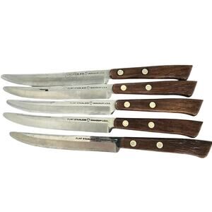 Vintage Flint Steak Knives Stainless Steel Arrowhead Vanadian USA Wood Handle